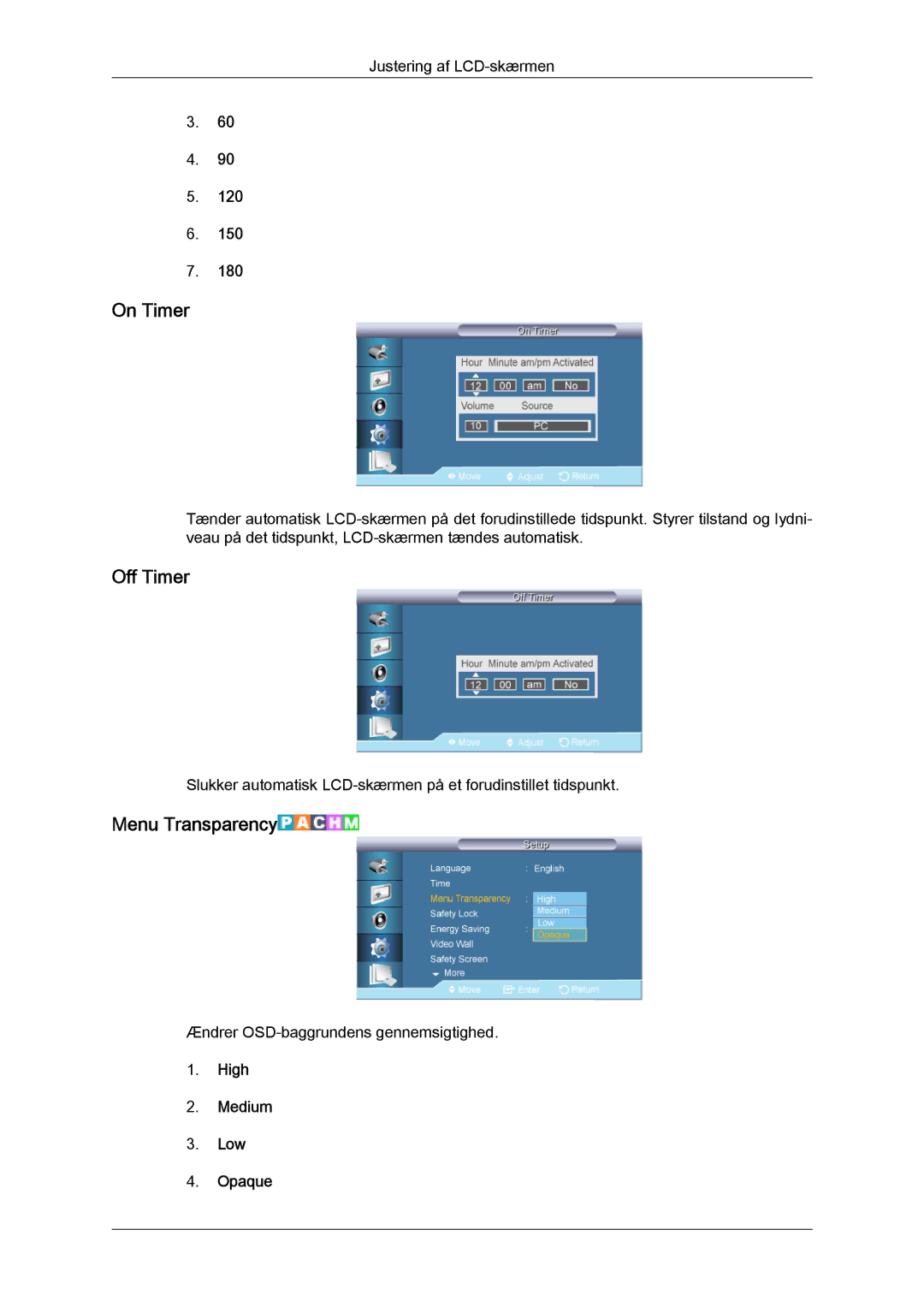 Samsung LH70TCUMBG/EN manual On Timer, Off Timer, Menu Transparency, High Medium Low Opaque 