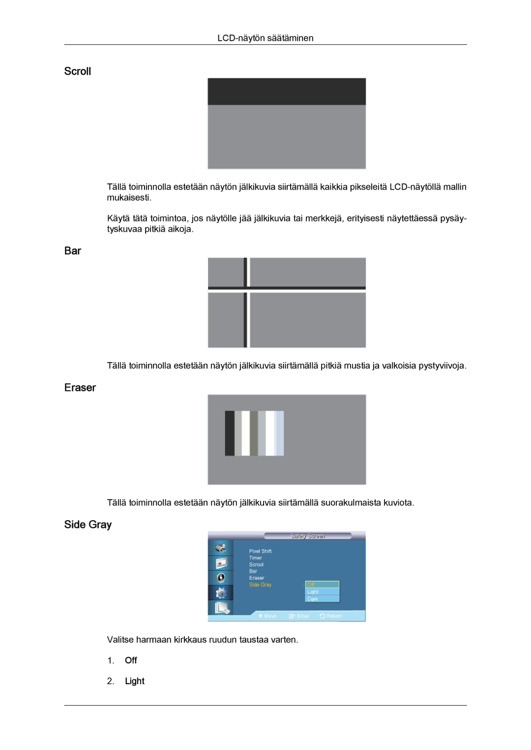 Samsung LH70TCUMBG/EN manual Scroll, Bar, Eraser, Side Gray, Off Light 