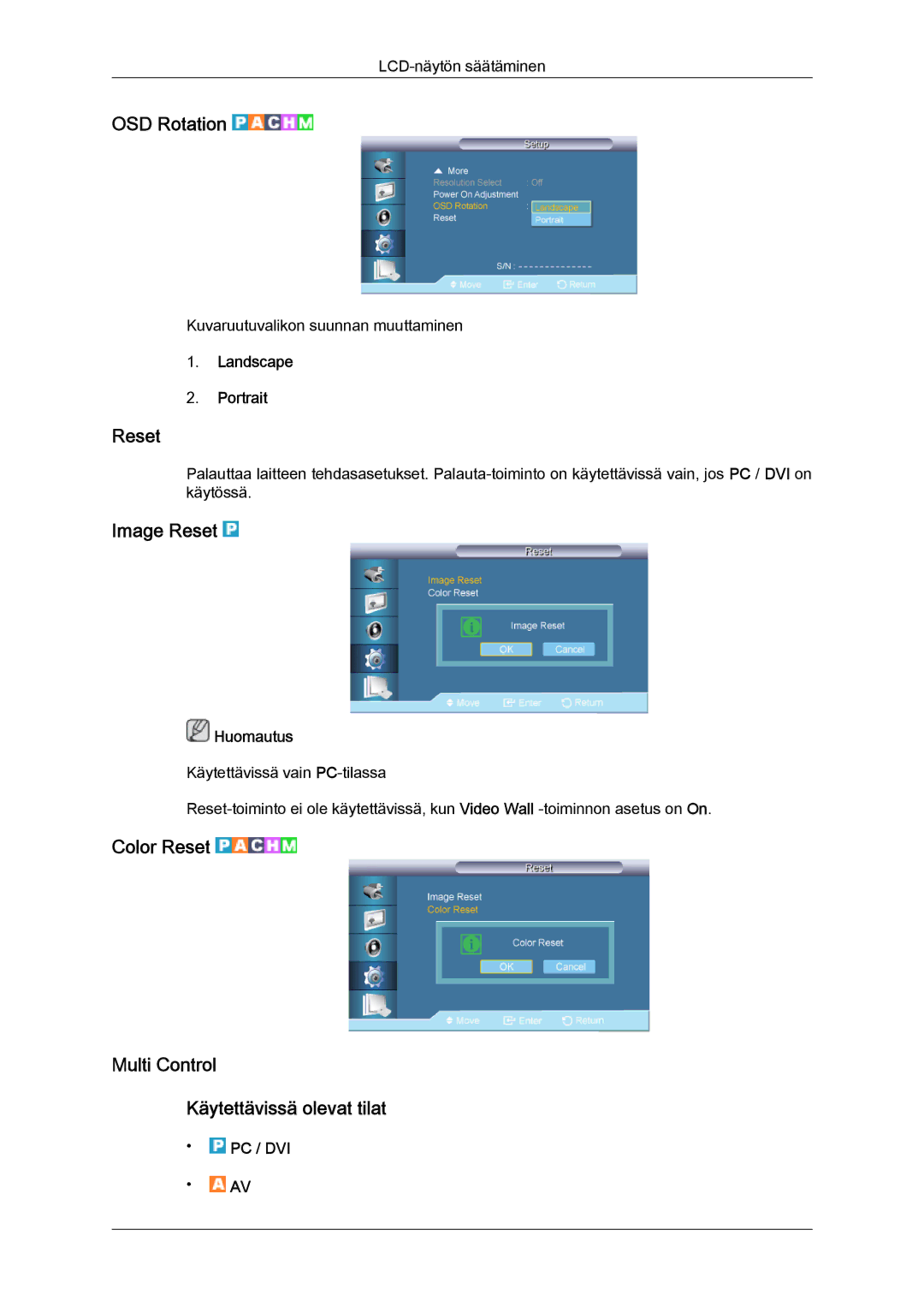 Samsung LH70TCUMBG/EN manual OSD Rotation, Image Reset, Color Reset Multi Control Käytettävissä olevat tilat 