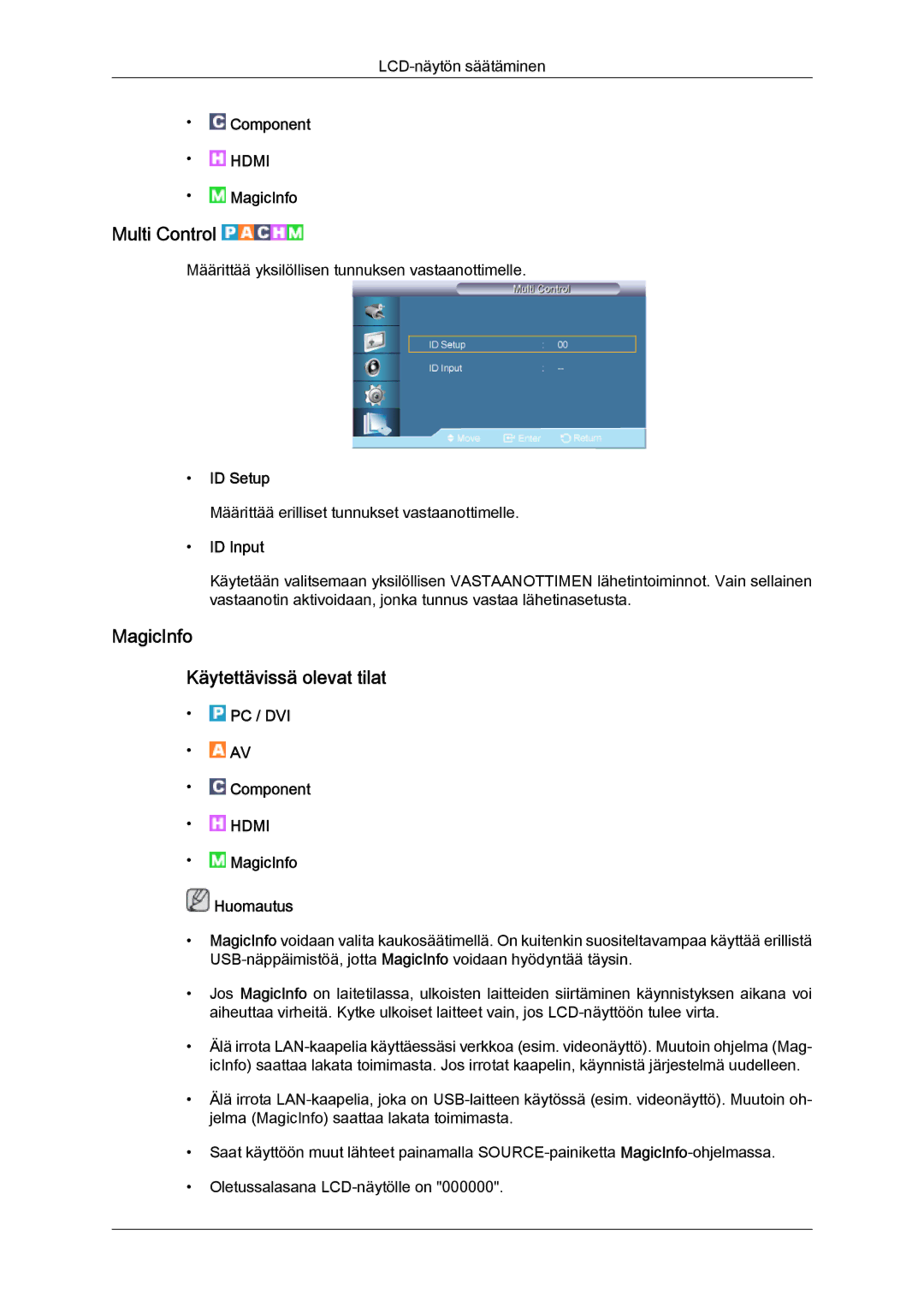 Samsung LH70TCUMBG/EN manual MagicInfo Käytettävissä olevat tilat, ID Setup, ID Input, MagicInfo Huomautus 