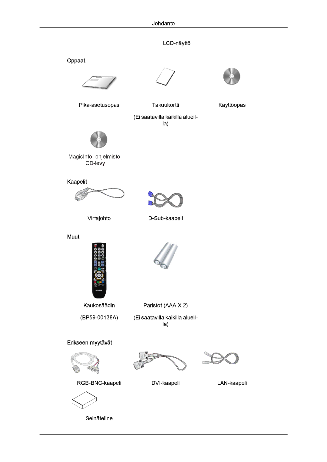 Samsung LH70TCUMBG/EN manual Oppaat, Kaapelit, Muut, Erikseen myytävät 