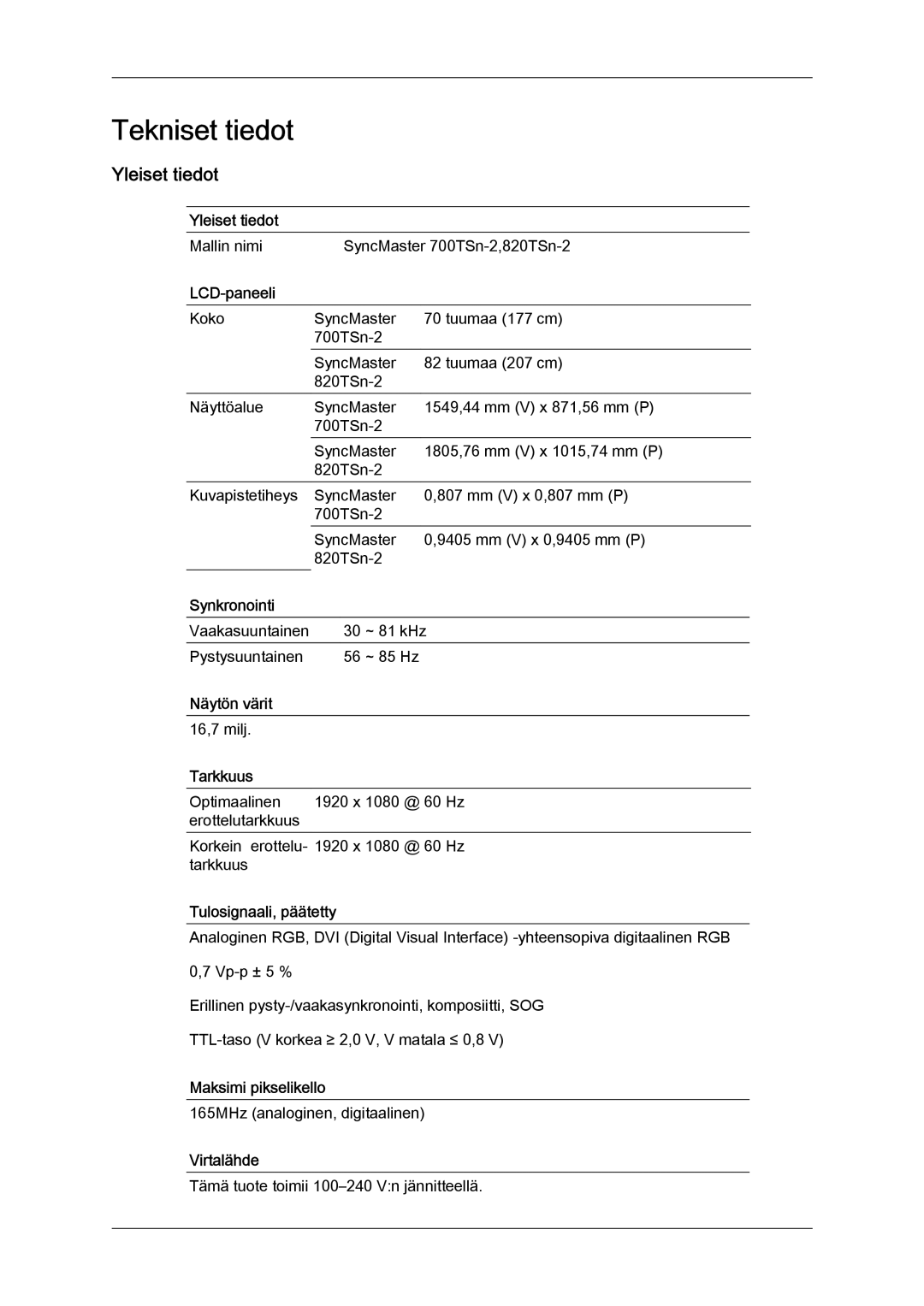 Samsung LH70TCUMBG/EN manual Yleiset tiedot 