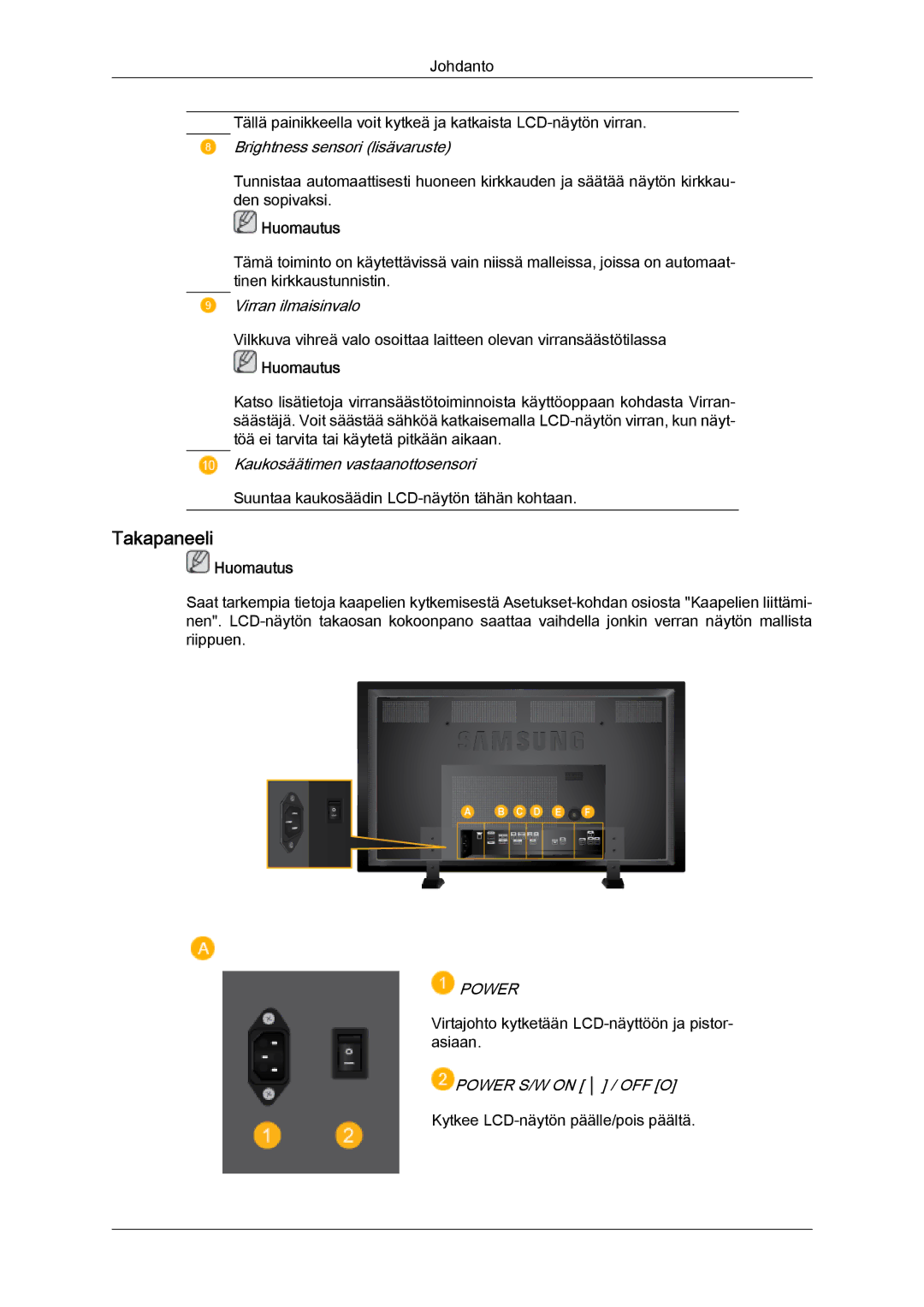 Samsung LH70TCUMBG/EN manual Takapaneeli, Power 