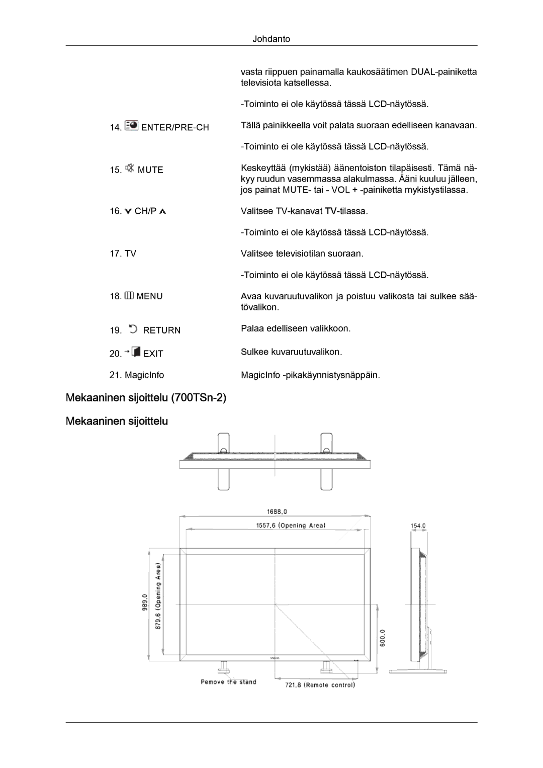 Samsung LH70TCUMBG/EN manual Mekaaninen sijoittelu 700TSn-2 