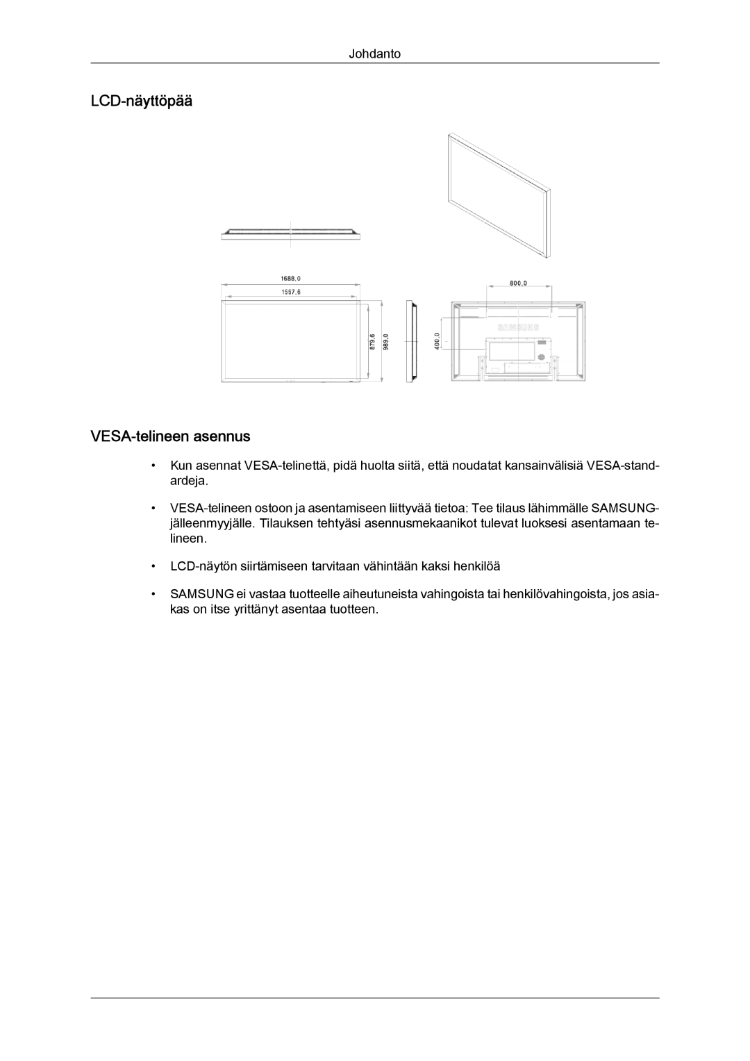 Samsung LH70TCUMBG/EN manual LCD-näyttöpää VESA-telineen asennus 