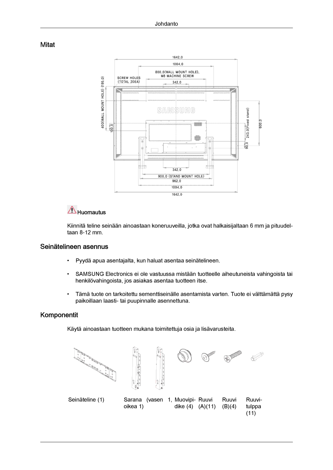 Samsung LH70TCUMBG/EN manual Mitat, Seinätelineen asennus, Komponentit 