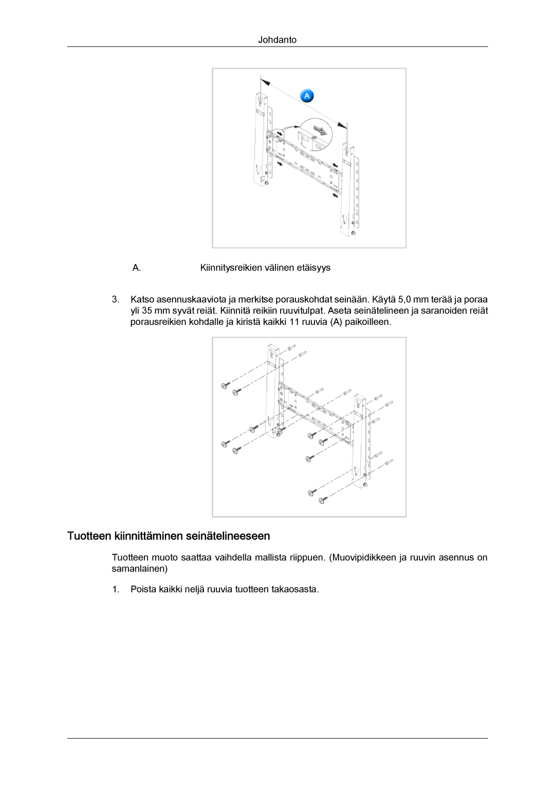 Samsung LH70TCUMBG/EN manual Tuotteen kiinnittäminen seinätelineeseen 