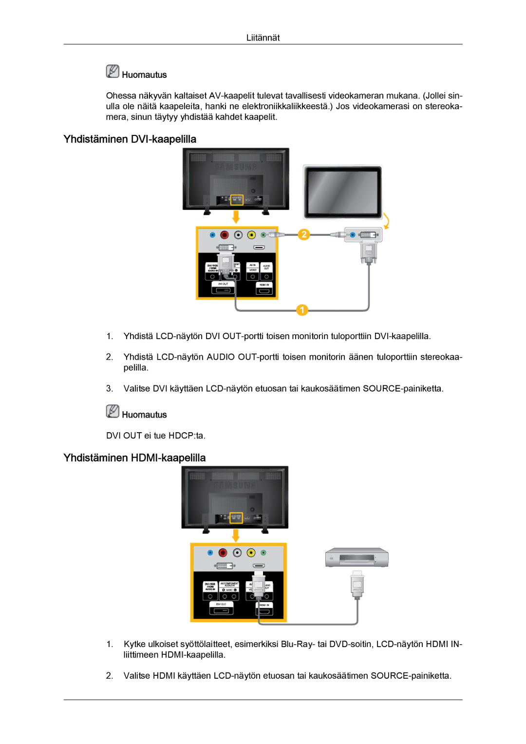 Samsung LH70TCUMBG/EN manual Yhdistäminen DVI-kaapelilla, Yhdistäminen HDMI-kaapelilla 