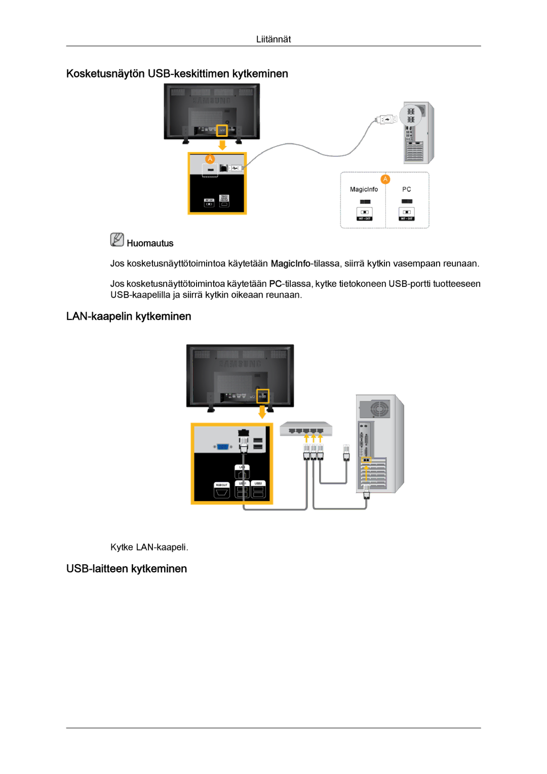 Samsung LH70TCUMBG/EN manual Kosketusnäytön USB-keskittimen kytkeminen, LAN-kaapelin kytkeminen, USB-laitteen kytkeminen 