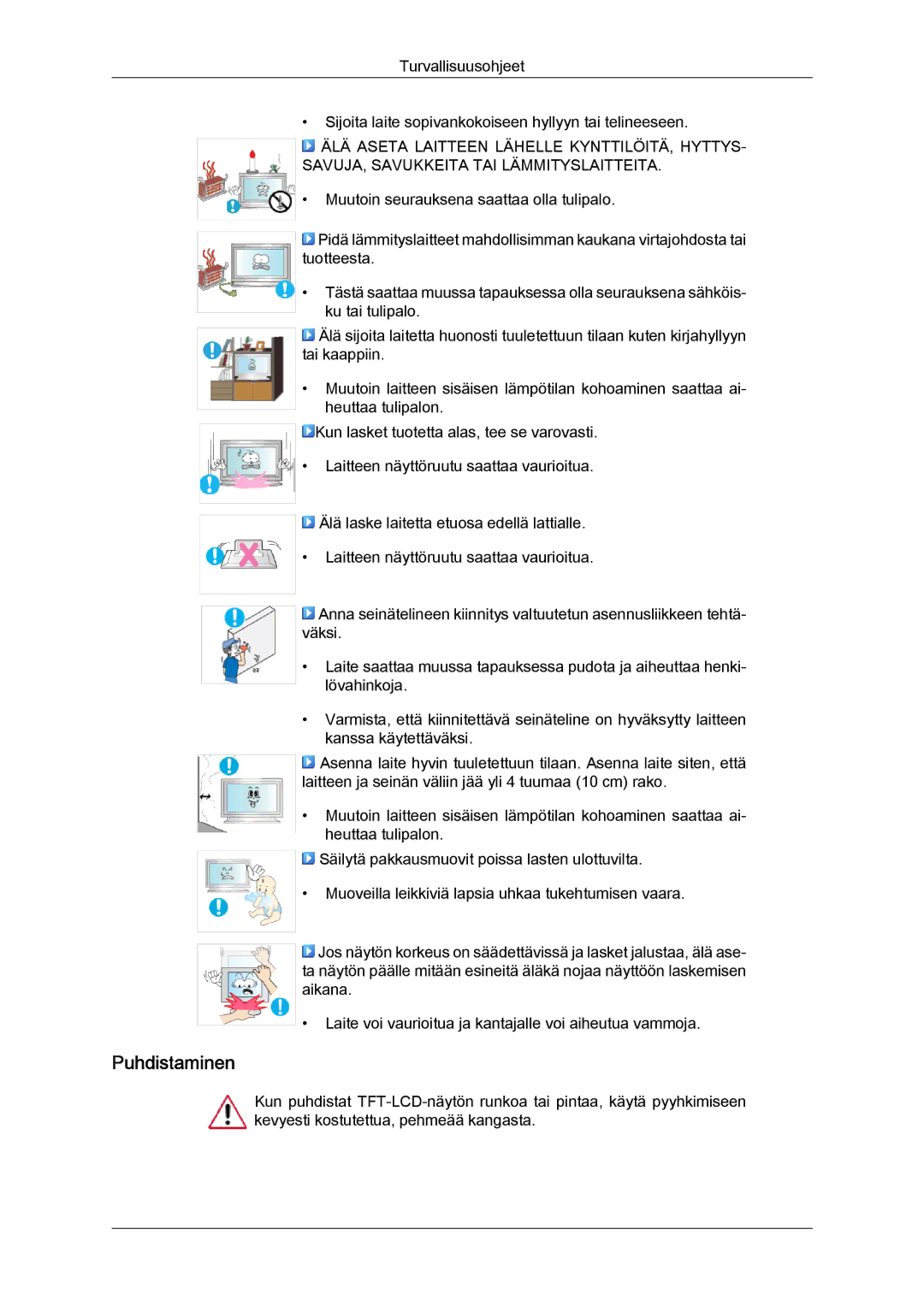 Samsung LH70TCUMBG/EN manual Puhdistaminen 