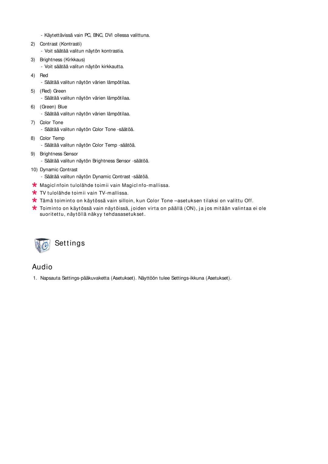 Samsung LH70TCUMBG/EN manual Settings Audio 