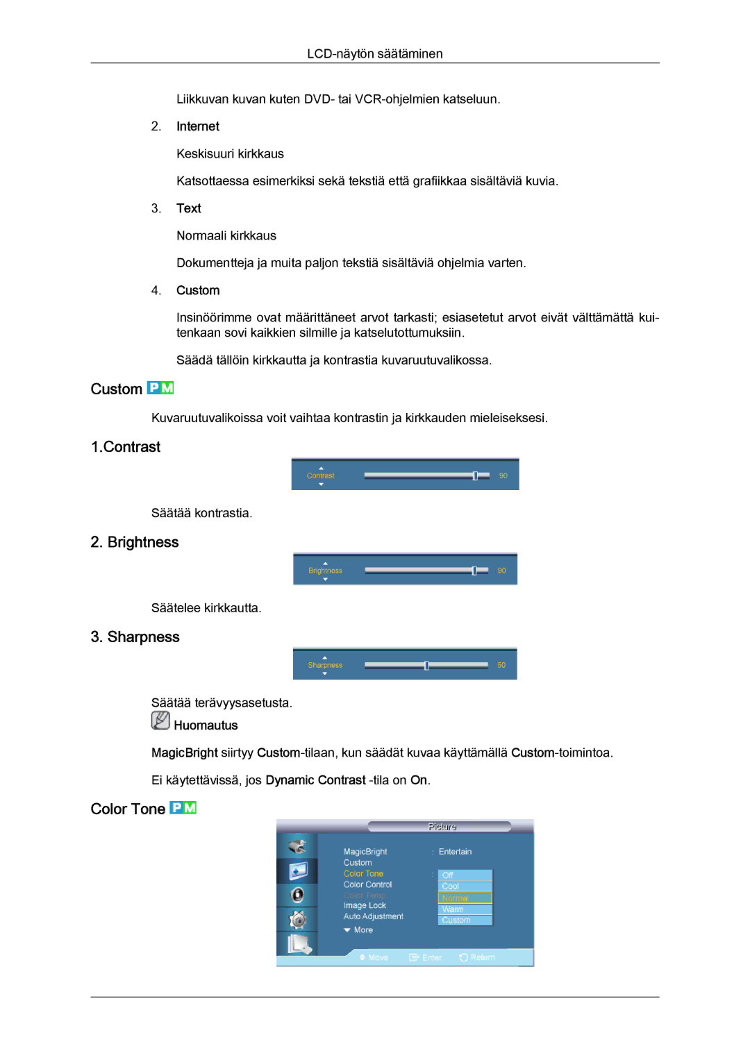 Samsung LH70TCUMBG/EN manual Custom, Contrast, Brightness, Sharpness, Color Tone 