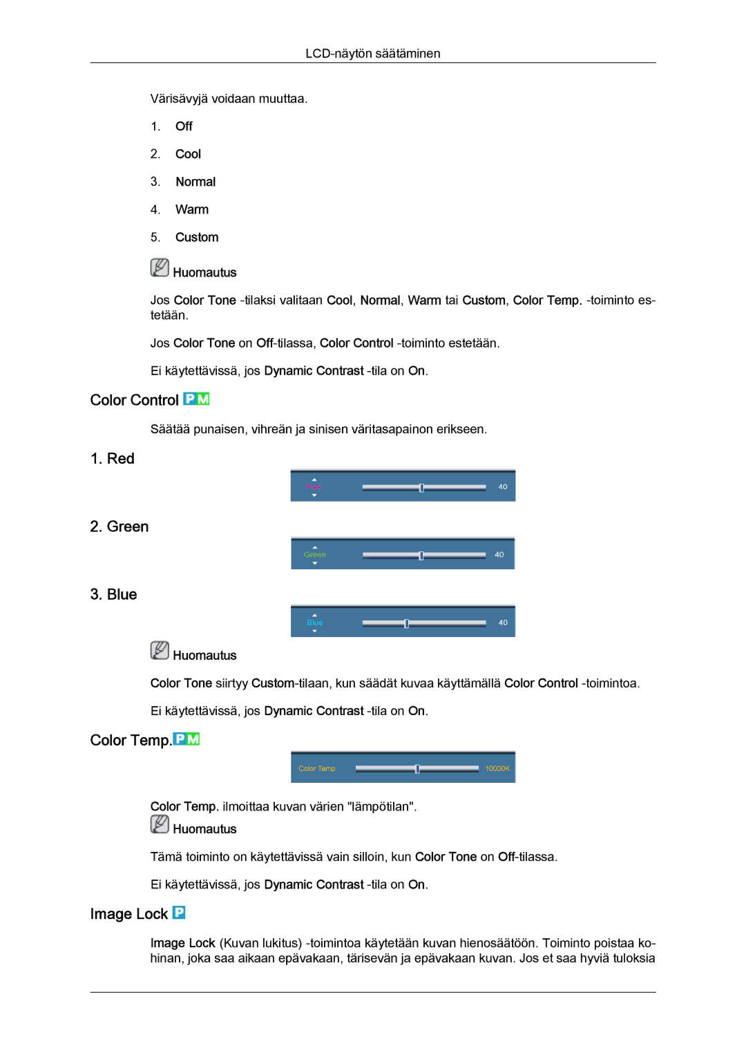 Samsung LH70TCUMBG/EN manual Color Control, Red Green Blue, Color Temp, Image Lock, Off Cool Normal Warm Custom Huomautus 