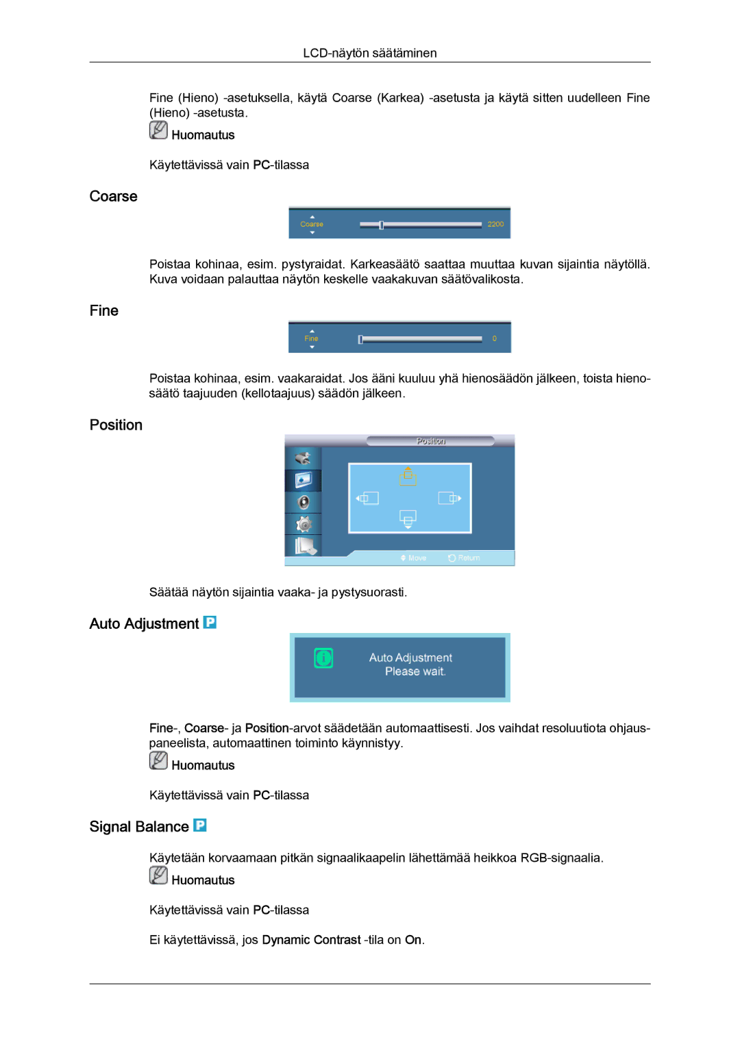Samsung LH70TCUMBG/EN manual Coarse, Fine, Auto Adjustment, Signal Balance 