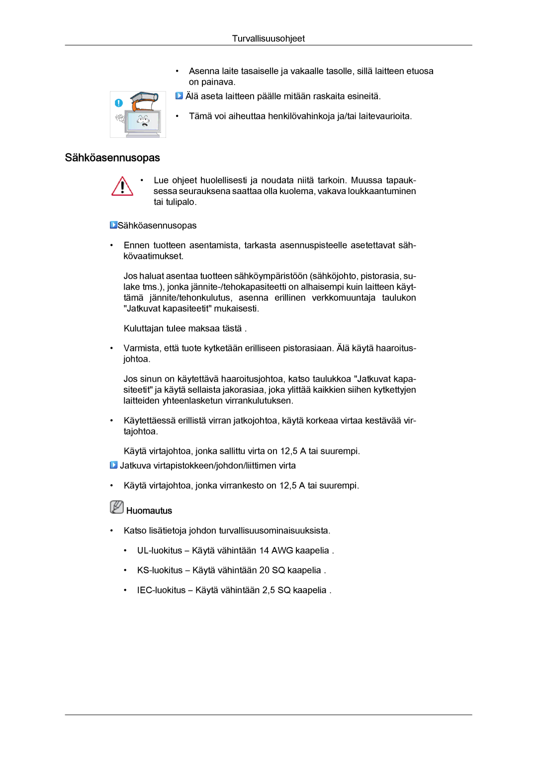 Samsung LH70TCUMBG/EN manual Sähköasennusopas, Huomautus 