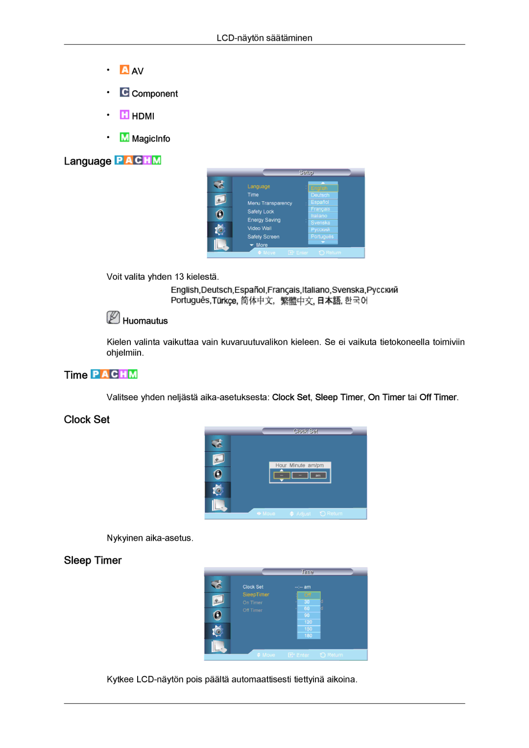 Samsung LH70TCUMBG/EN manual Language, Clock Set, Sleep Timer 