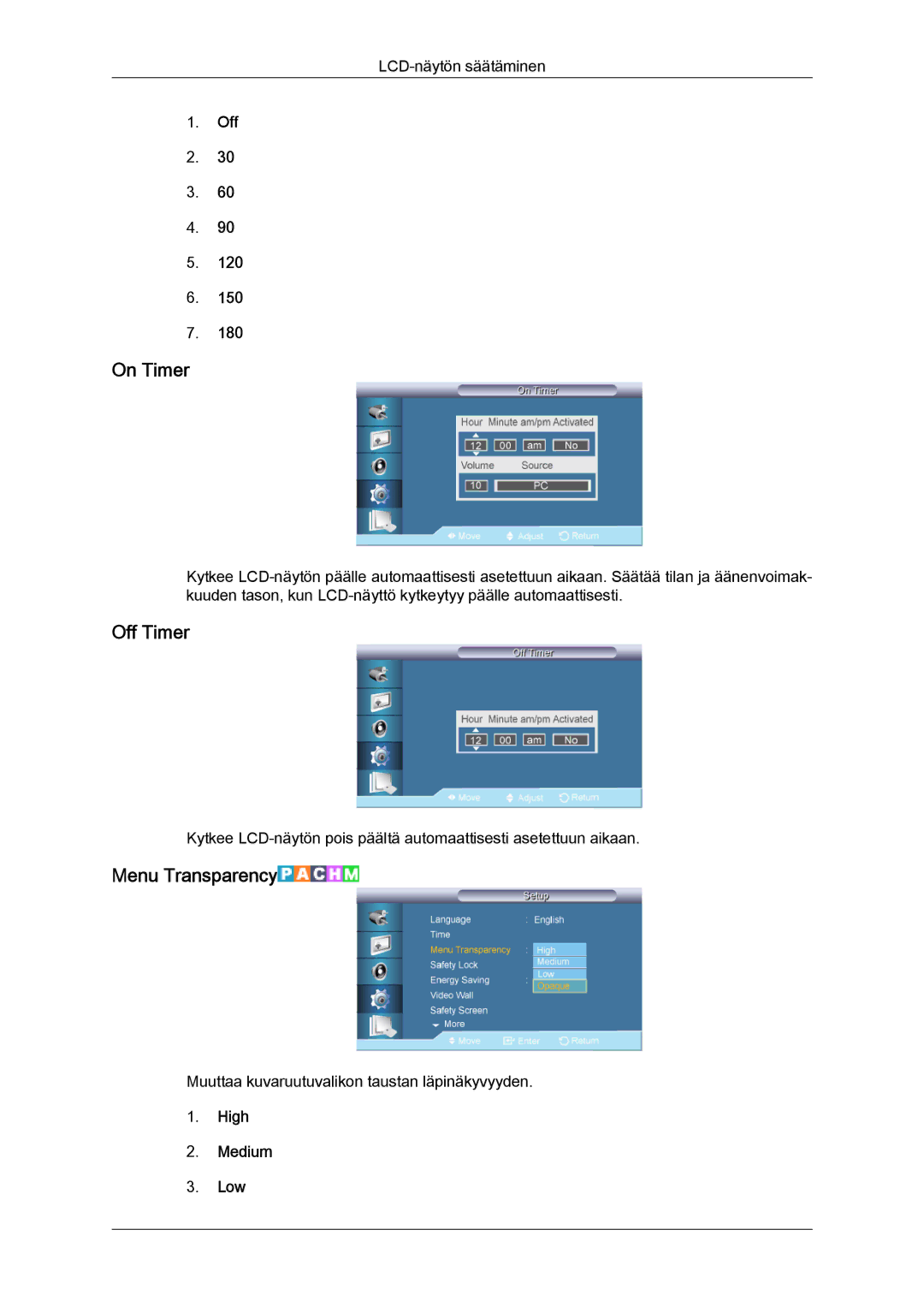 Samsung LH70TCUMBG/EN manual On Timer, Off Timer, Menu Transparency, High Medium Low 