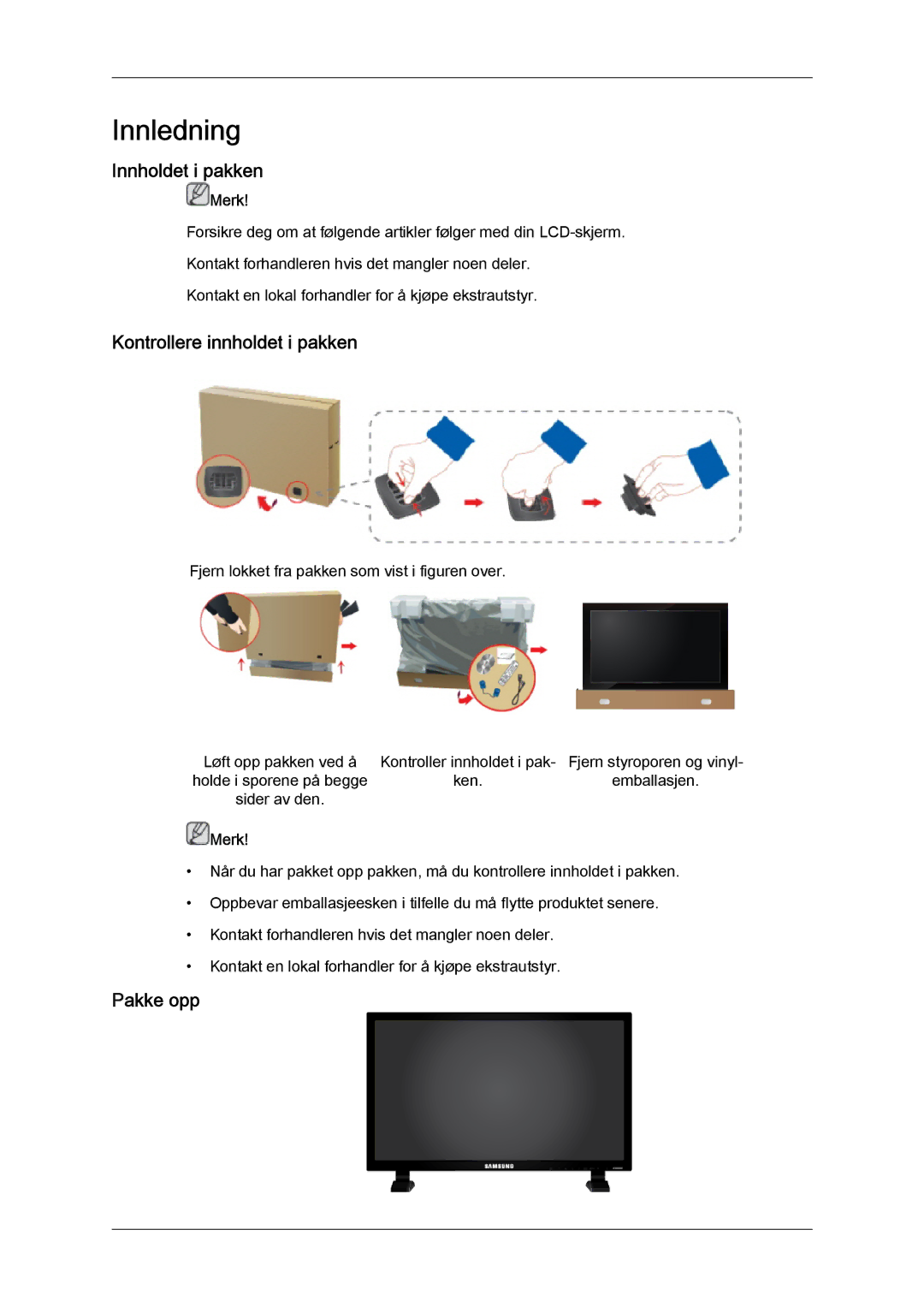 Samsung LH70TCUMBG/EN manual Innholdet i pakken, Kontrollere innholdet i pakken, Pakke opp 