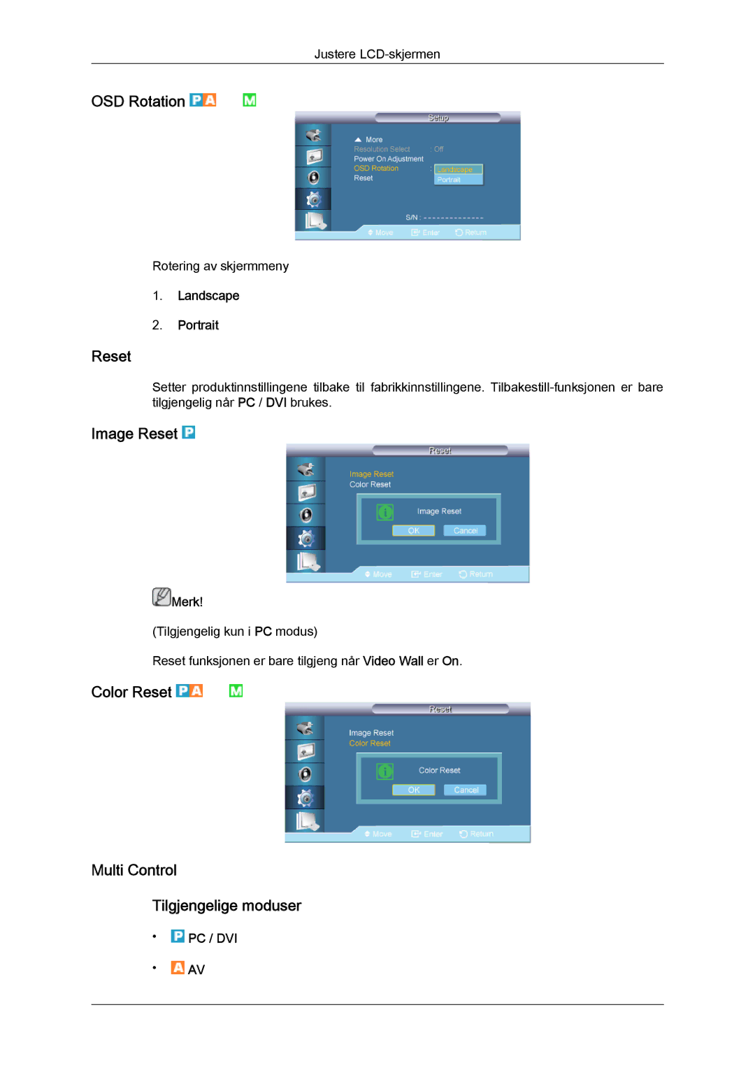 Samsung LH70TCUMBG/EN OSD Rotation, Image Reset, Color Reset Multi Control Tilgjengelige moduser, Landscape Portrait 