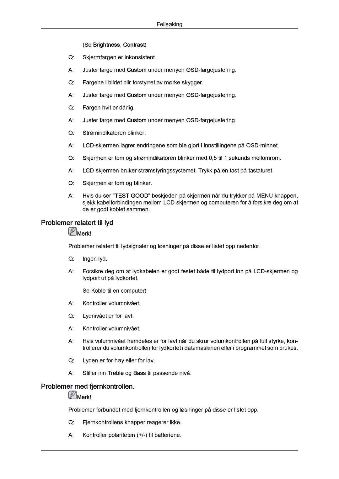 Samsung LH70TCUMBG/EN manual Problemer relatert til lyd, Problemer med fjernkontrollen, Se Brightness, Contrast 