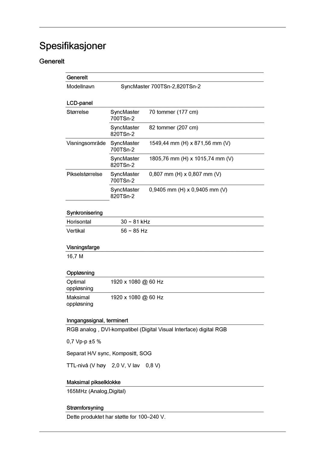 Samsung LH70TCUMBG/EN manual Generelt 