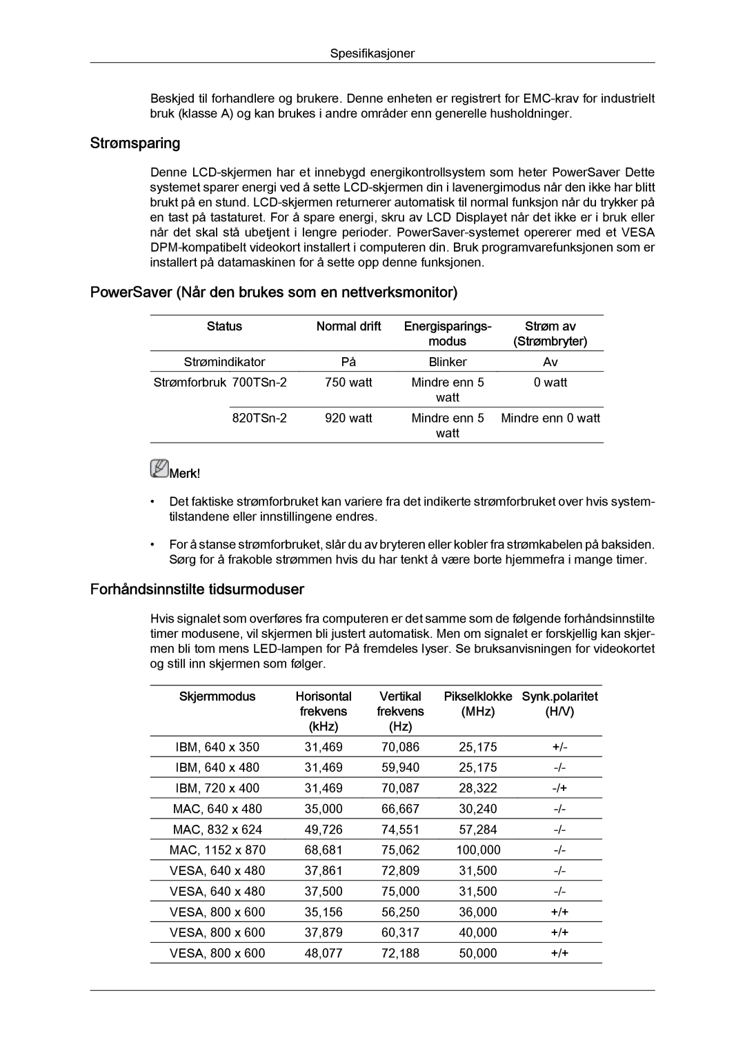 Samsung LH70TCUMBG/EN Strømsparing, PowerSaver Når den brukes som en nettverksmonitor, Forhåndsinnstilte tidsurmoduser 