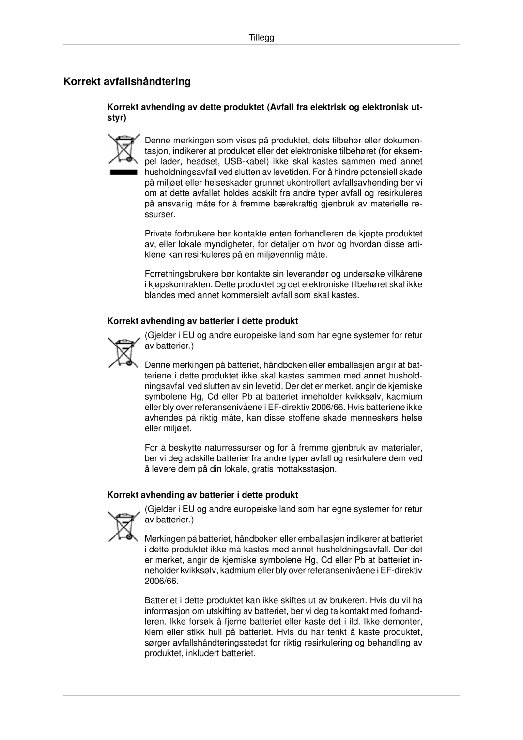 Samsung LH70TCUMBG/EN manual Korrekt avfallshåndtering, Korrekt avhending av batterier i dette produkt 