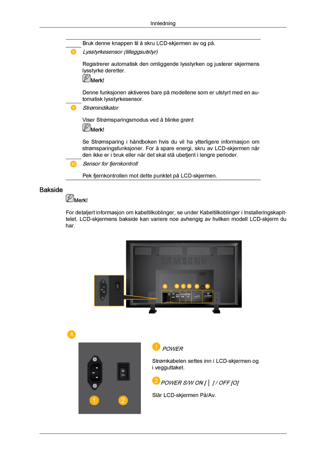 Samsung LH70TCUMBG/EN manual Bakside, Power 