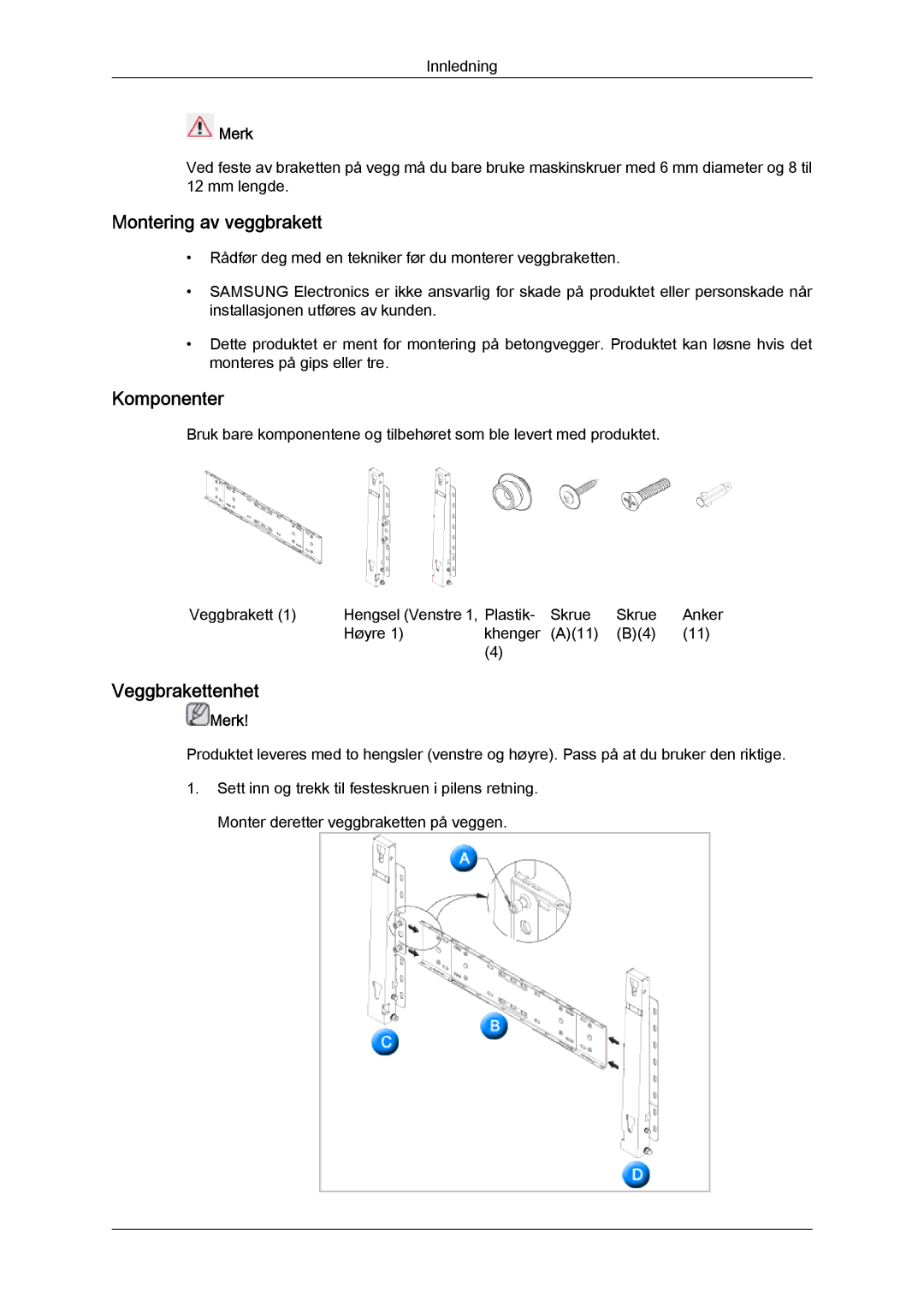 Samsung LH70TCUMBG/EN manual Montering av veggbrakett, Komponenter, Veggbrakettenhet 