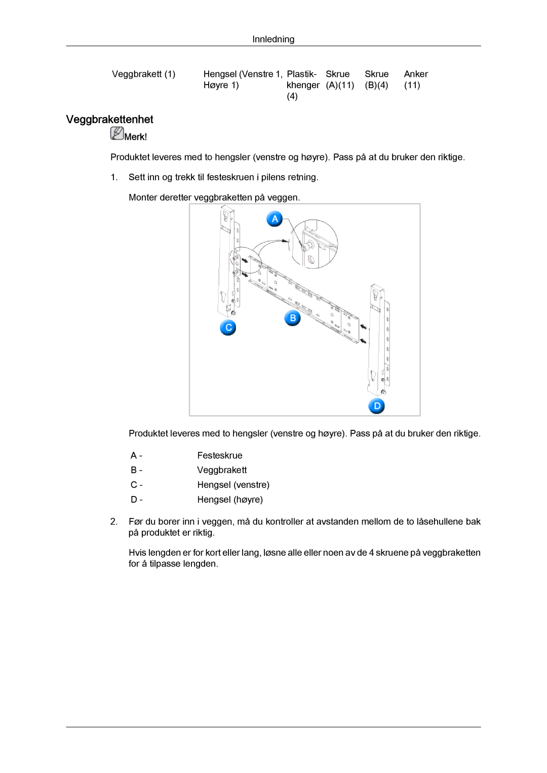 Samsung LH70TCUMBG/EN manual Veggbrakettenhet 