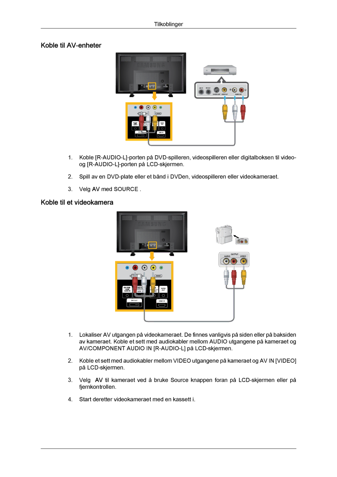 Samsung LH70TCUMBG/EN manual Koble til AV-enheter, Koble til et videokamera 