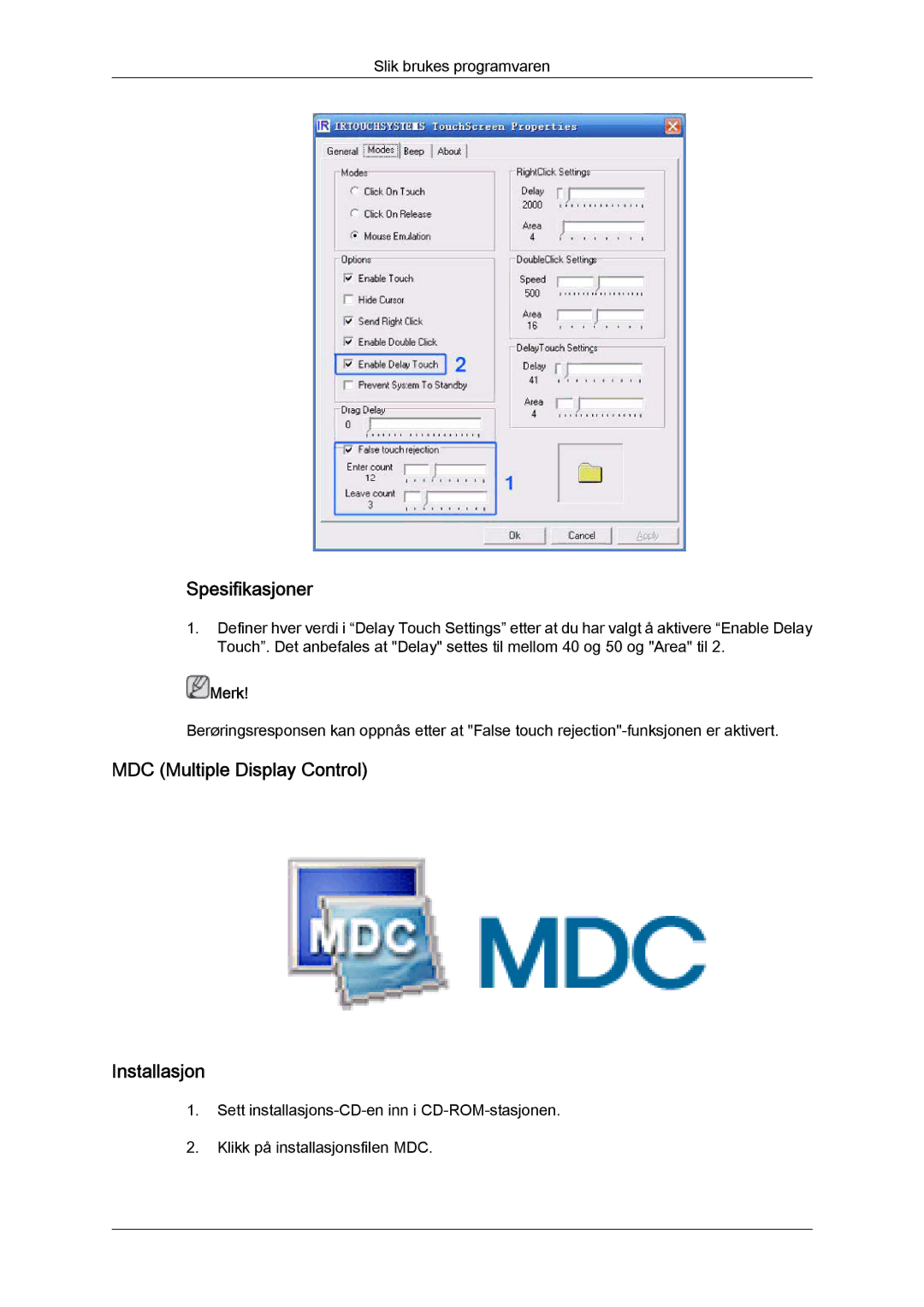 Samsung LH70TCUMBG/EN manual Spesifikasjoner, MDC Multiple Display Control Installasjon 