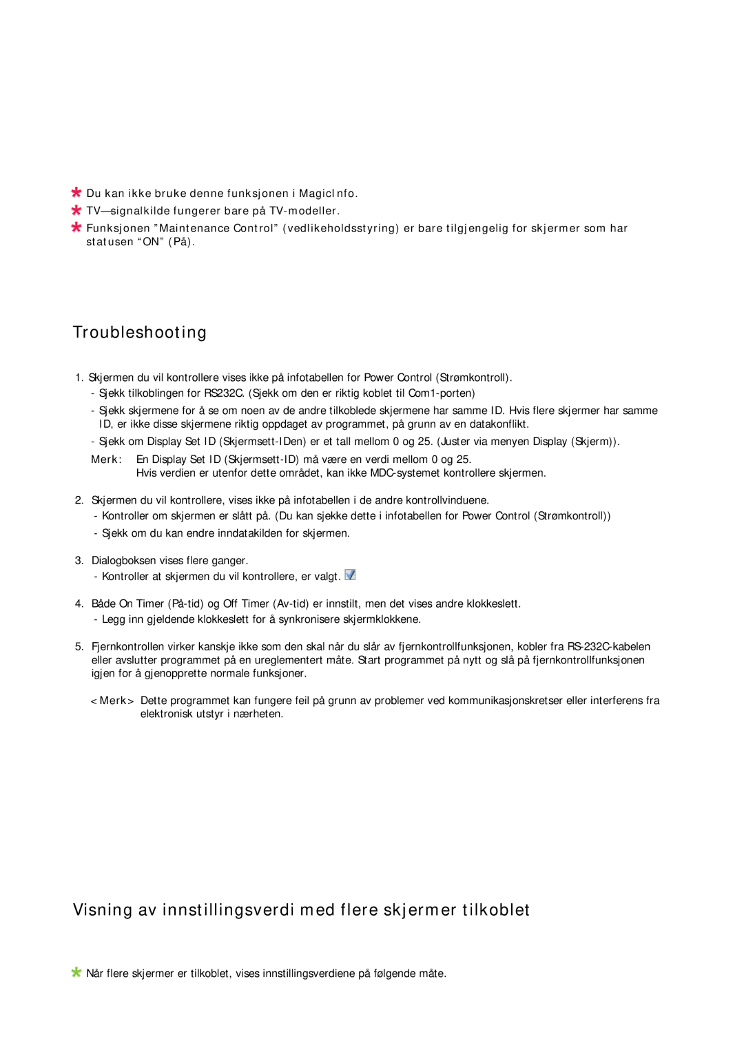 Samsung LH70TCUMBG/EN manual Troubleshooting, Visning av innstillingsverdi med flere skjermer tilkoblet 