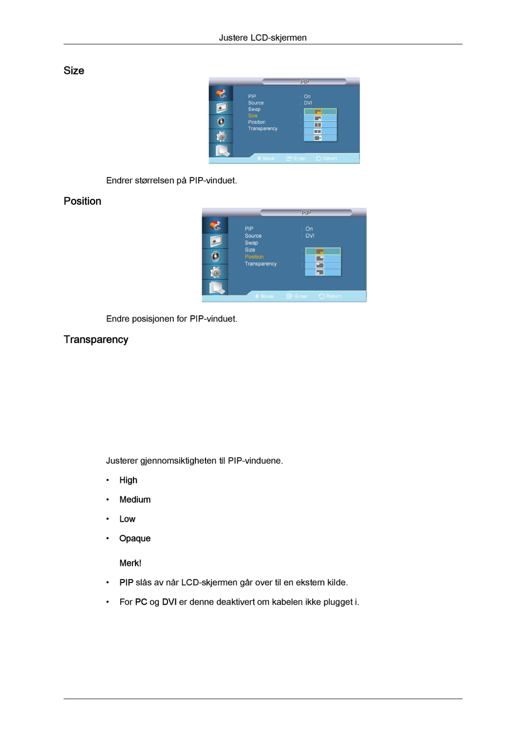 Samsung LH70TCUMBG/EN manual Size, Position, Transparency, High Medium Low Opaque Merk 