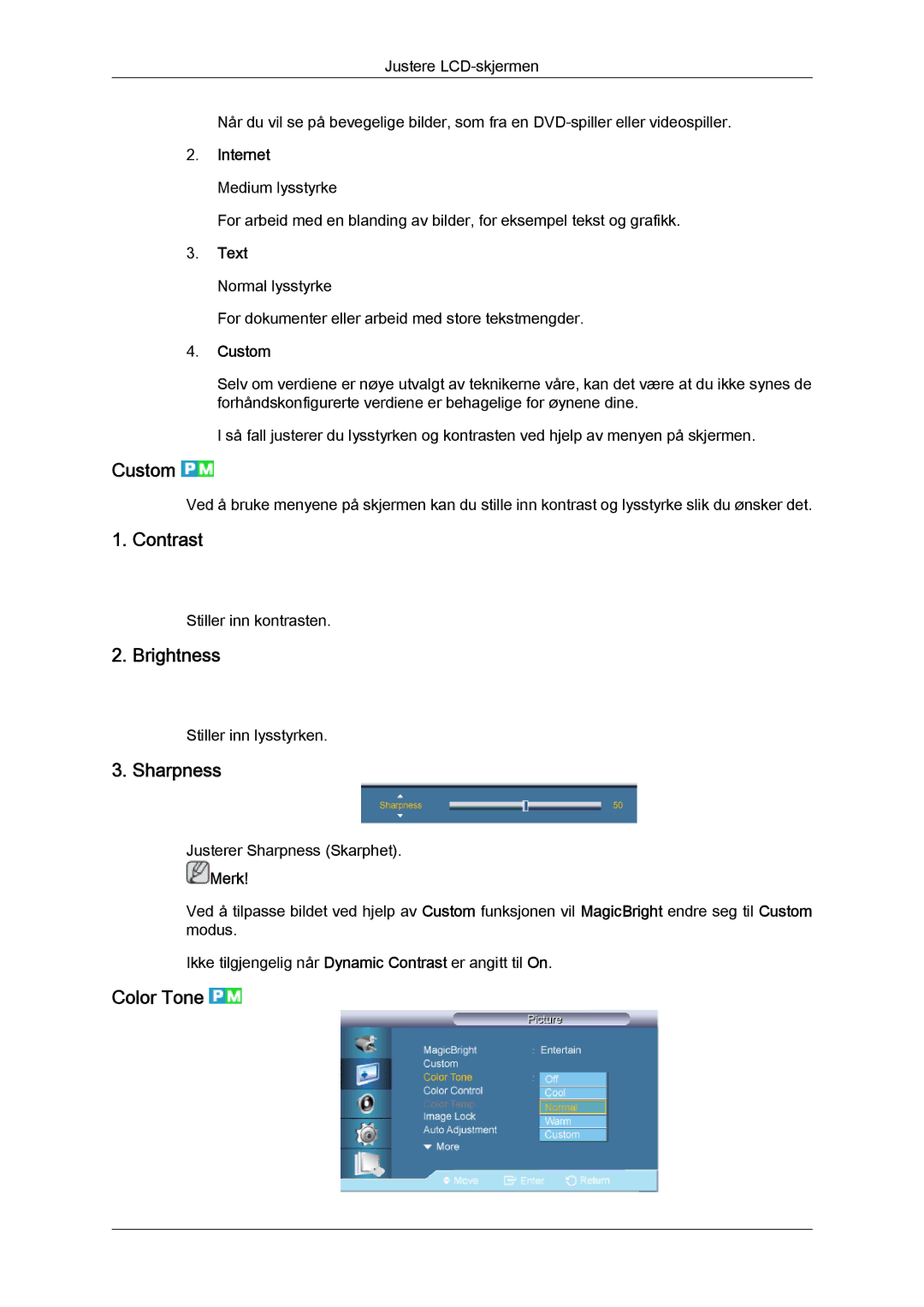 Samsung LH70TCUMBG/EN manual Custom, Contrast, Brightness, Sharpness, Color Tone 