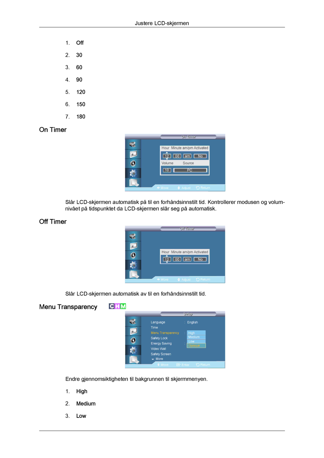 Samsung LH70TCUMBG/EN manual On Timer, Off Timer, Menu Transparency, High Medium Low 