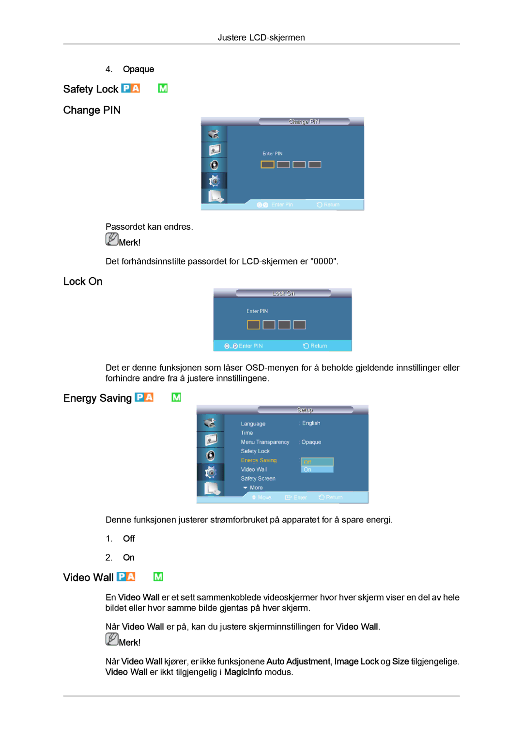 Samsung LH70TCUMBG/EN manual Safety Lock Change PIN, Lock On, Energy Saving, Video Wall 