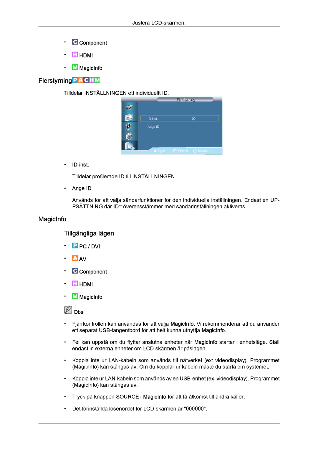Samsung LH70TCUMBG/EN manual MagicInfo Tillgängliga lägen, ID-inst, Ange ID, MagicInfo Obs 