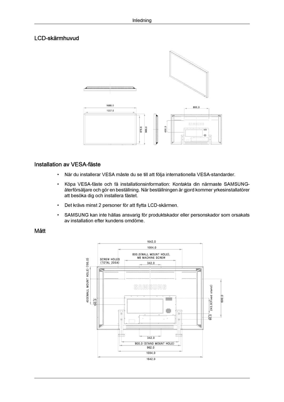 Samsung LH70TCUMBG/EN manual LCD-skärmhuvud Installation av VESA-fäste, Mått 