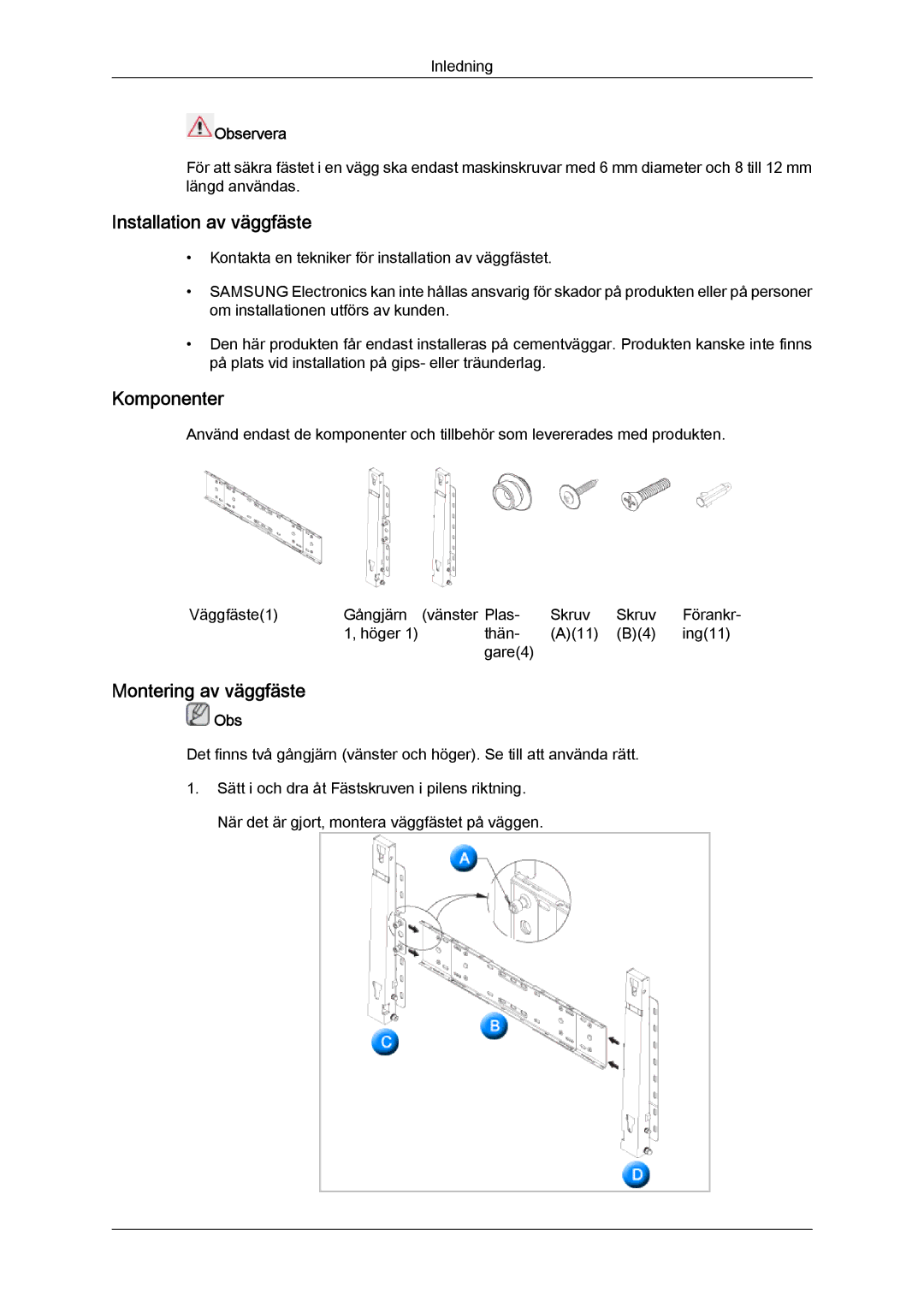 Samsung LH70TCUMBG/EN manual Installation av väggfäste, Komponenter, Montering av väggfäste, Observera 