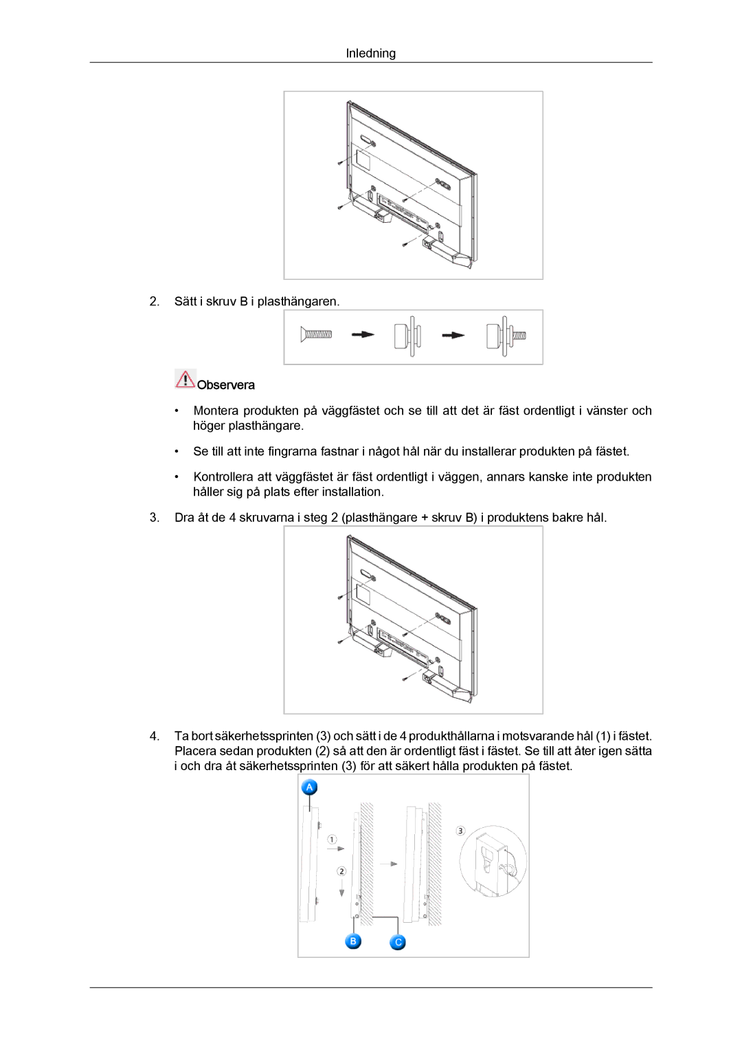 Samsung LH70TCUMBG/EN manual Inledning Sätt i skruv B i plasthängaren 