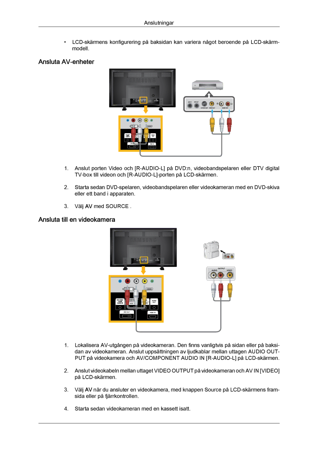 Samsung LH70TCUMBG/EN manual Ansluta AV-enheter, Ansluta till en videokamera 