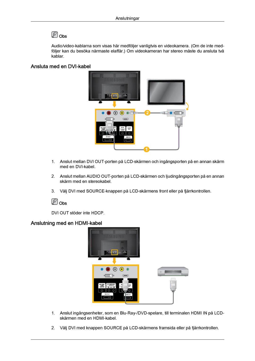 Samsung LH70TCUMBG/EN manual Ansluta med en DVI-kabel, Anslutning med en HDMI-kabel 