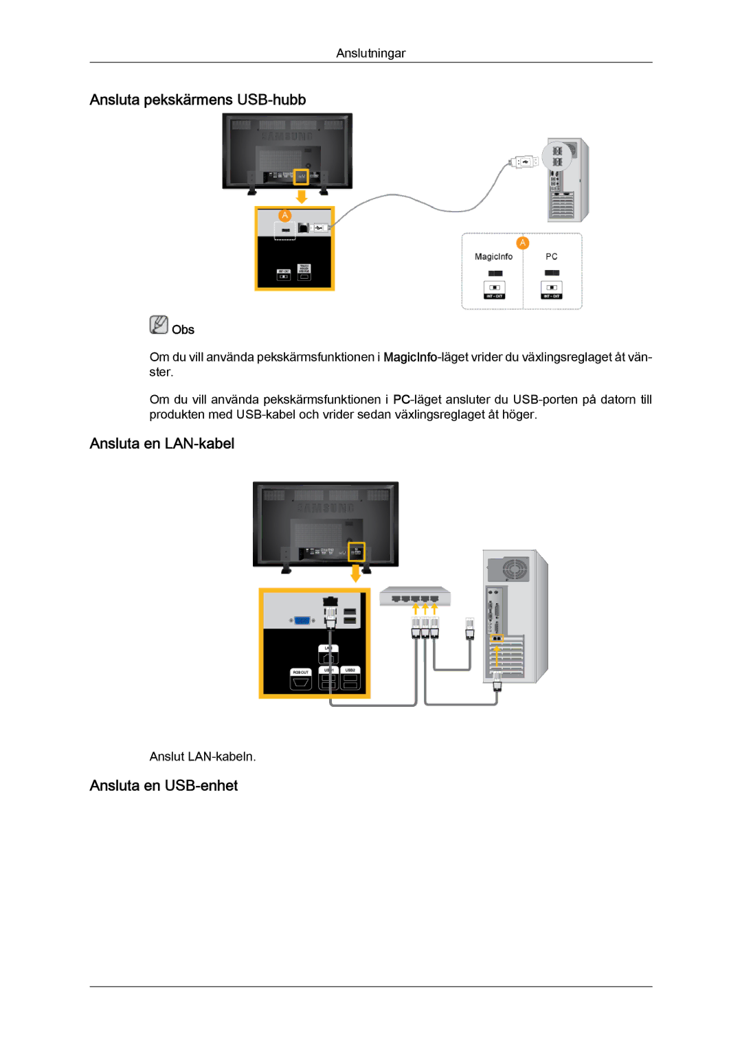 Samsung LH70TCUMBG/EN manual Ansluta pekskärmens USB-hubb, Ansluta en LAN-kabel, Ansluta en USB-enhet 