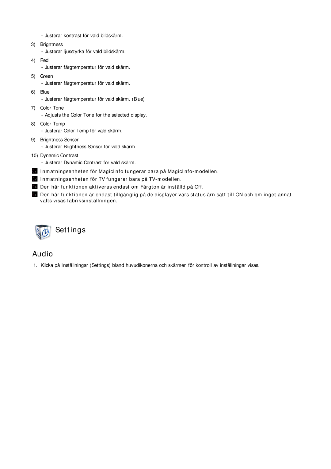 Samsung LH70TCUMBG/EN manual Settings Audio 