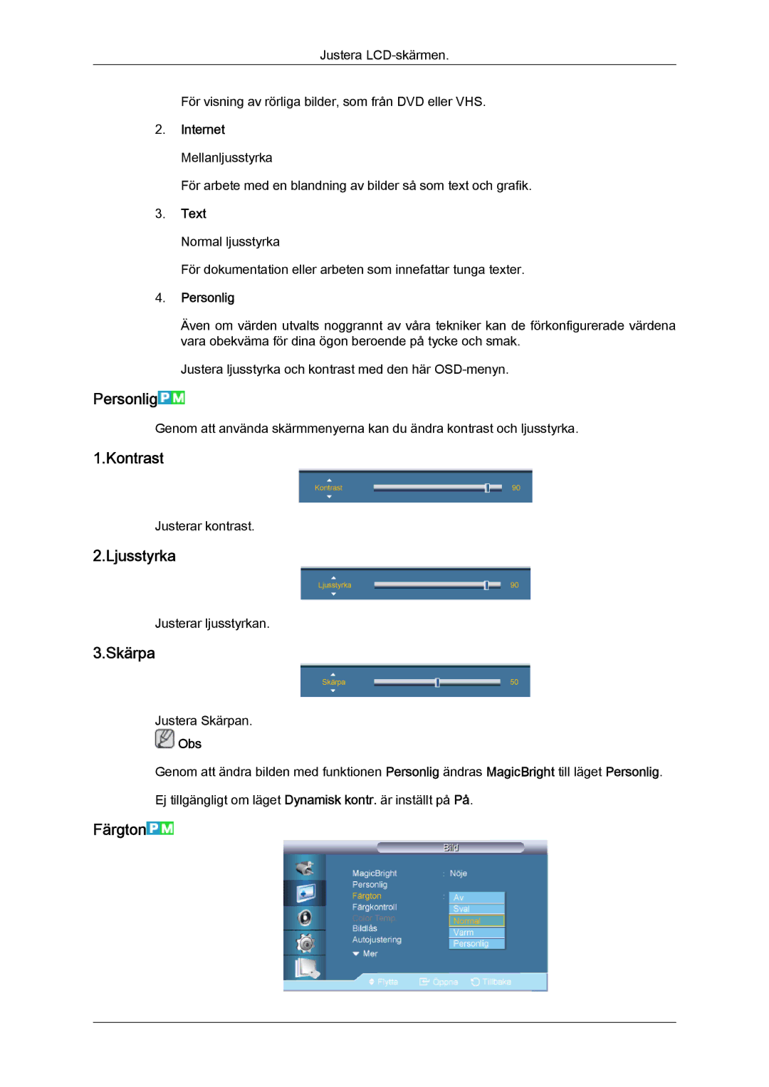 Samsung LH70TCUMBG/EN manual Personlig, Kontrast, Ljusstyrka, Skärpa, Färgton 