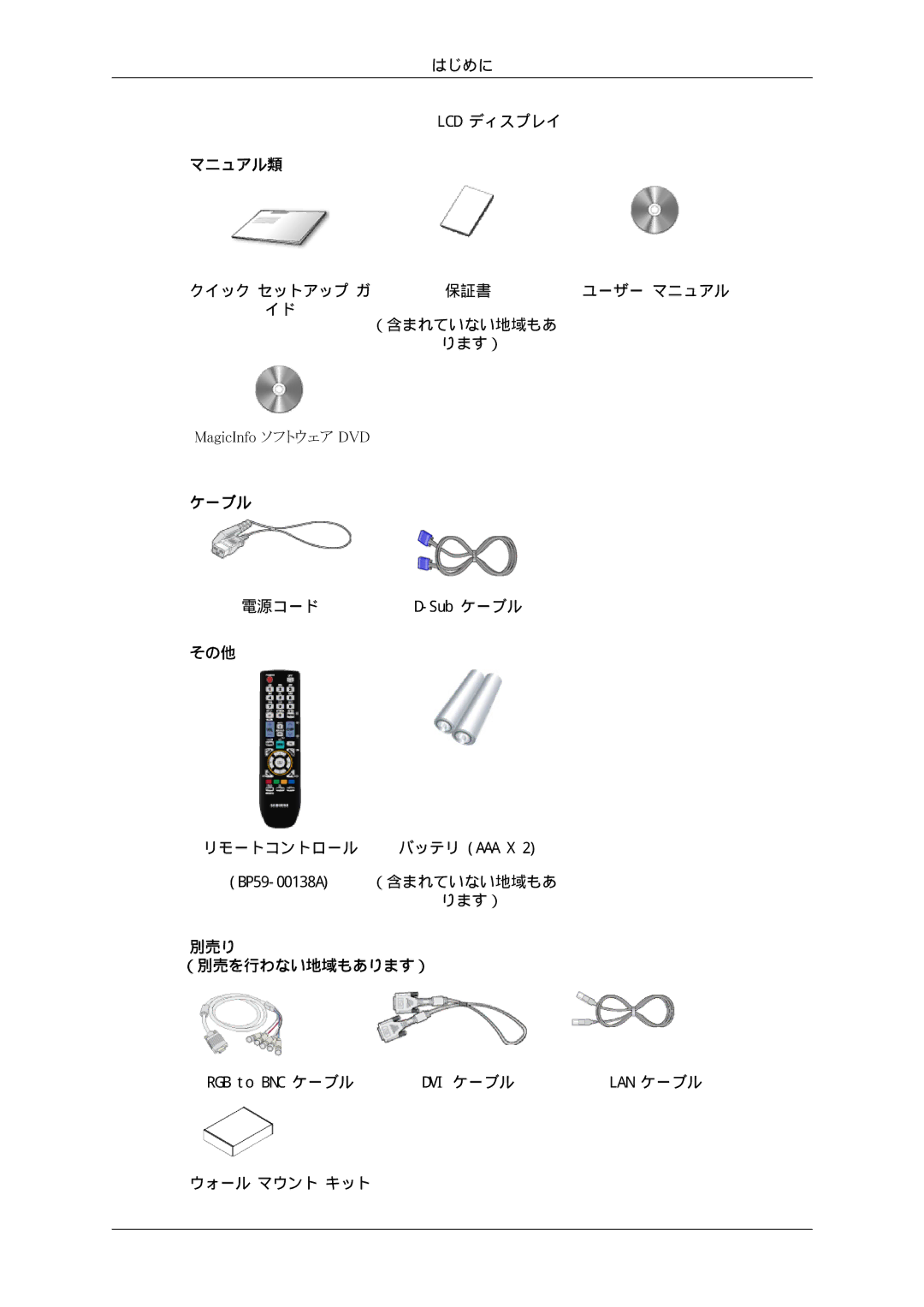 Samsung LH70TCSMBG/XJ, LH70TCUMBG/XJ manual はじめに Lcd ディスプレイ, ユーザー マニュアル, （含まれていない地域もあ ります）, 電源コード, リモートコントロール, ウォール マウント キット 