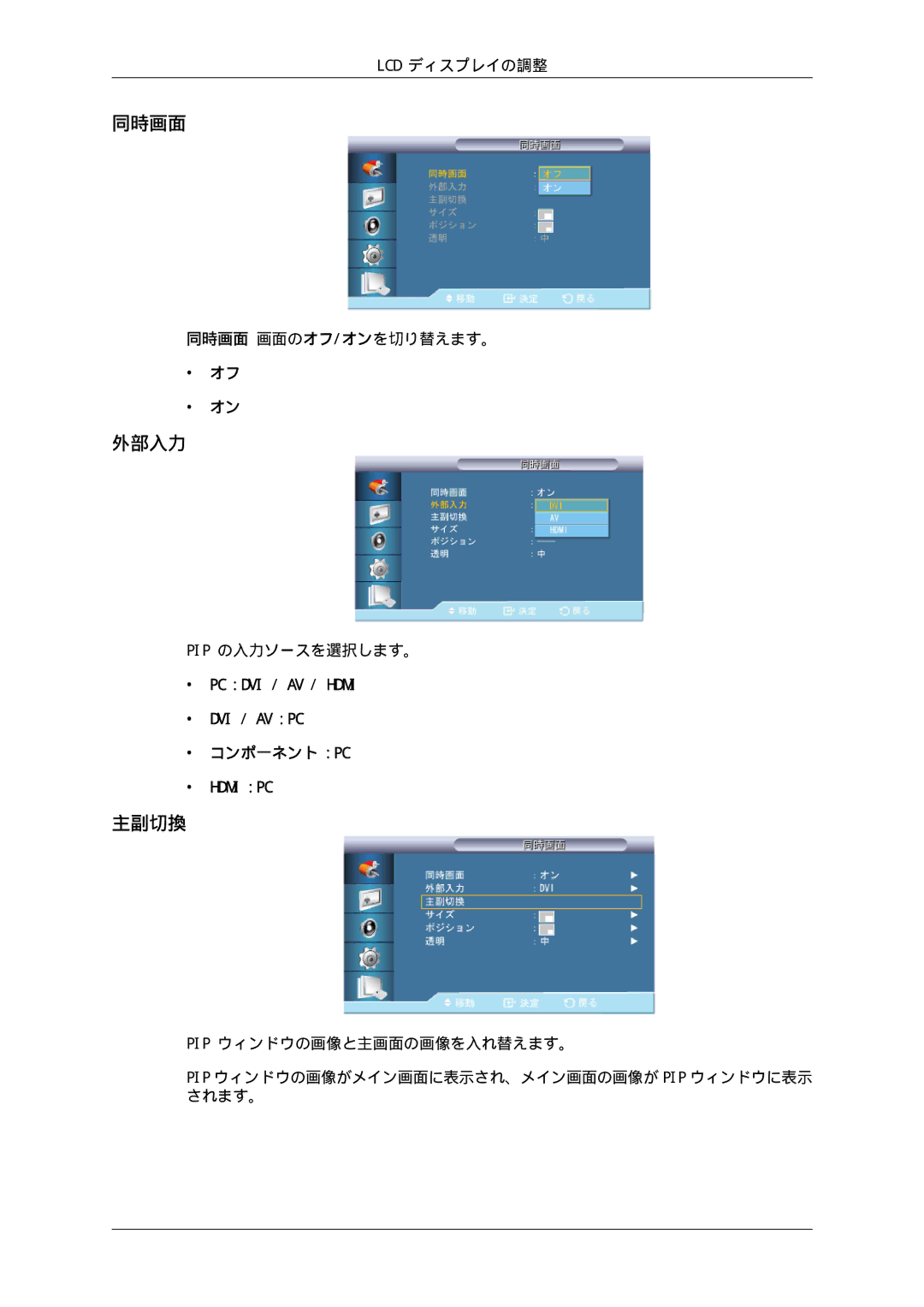 Samsung LH70TCSMBG/XJ, LH70TCUMBG/XJ manual 主副切換, Lcd ディスプレイの調整, 同時画面 画面のオフ/オンを切り替えます。, Pip の入力ソースを選択します。 