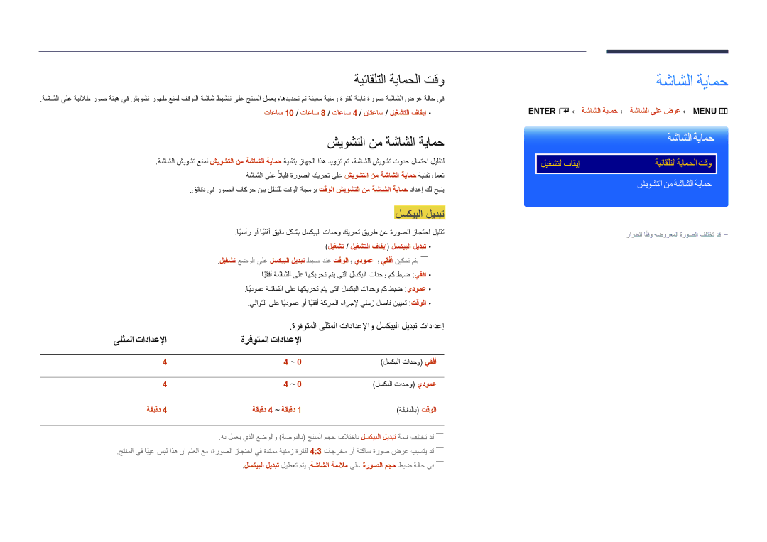 Samsung LH75DMDPLGC/EN, LH75DMDPLGC/NG, LH75DMDPLGC/UE ةيئاقلتلا ةيامحلا تقو, شيوشتلا نم ةشاشلا ةيامح, لسكيبلا ليدبت 