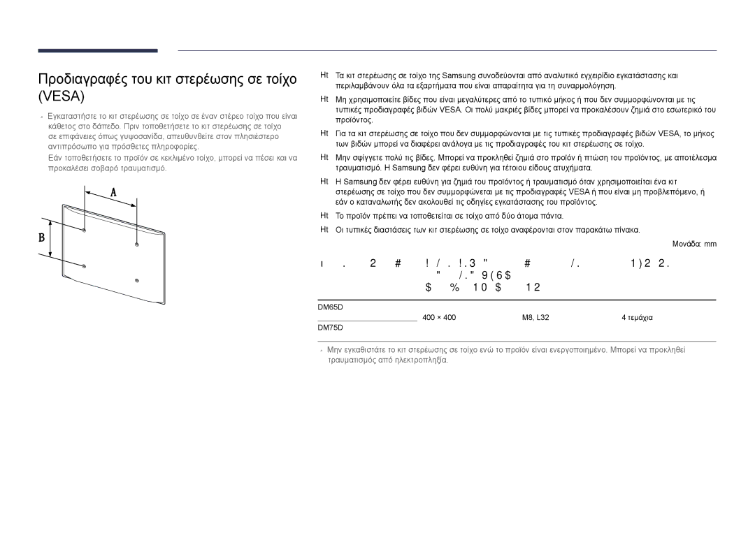 Samsung LH75DMDPLGC/EN manual Προδιαγραφές του κιτ στερέωσης σε τοίχο Vesa 
